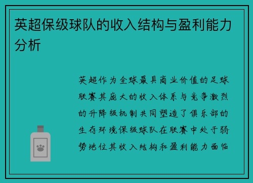 英超保级球队的收入结构与盈利能力分析