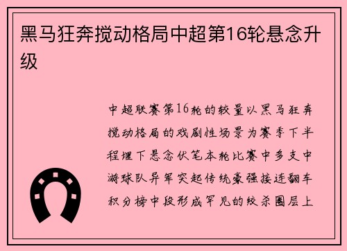 黑马狂奔搅动格局中超第16轮悬念升级